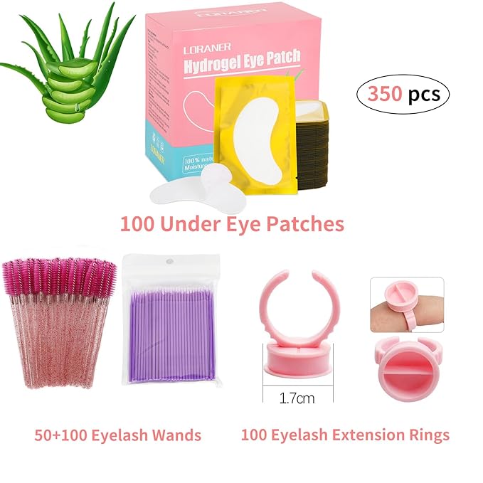 350 PCS Under Eye Gel Pads,Eyelash Mascara Brushes,Holder Eyelash Extension Rings - 100% Naturel Lint Free,Comfy and Cool,Eyelash Extension Eye Pads,Hydro gel Eye Patches Beauty Tool(Gold)