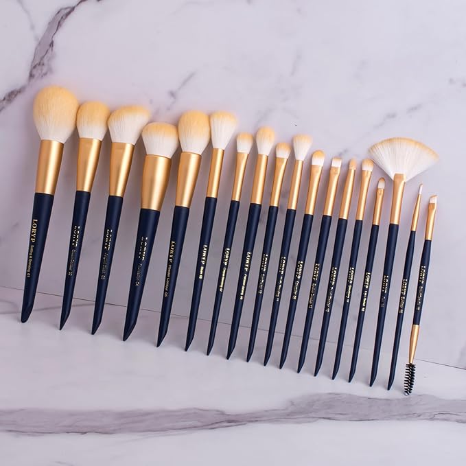 LORYP Makeup Brushes Set Labeled 18 Piece Face and Eye Brush Set Ultra soft hair Foundation, Concealer, Blush, Contour, Blending, Eyeshadow Blue Brush kit