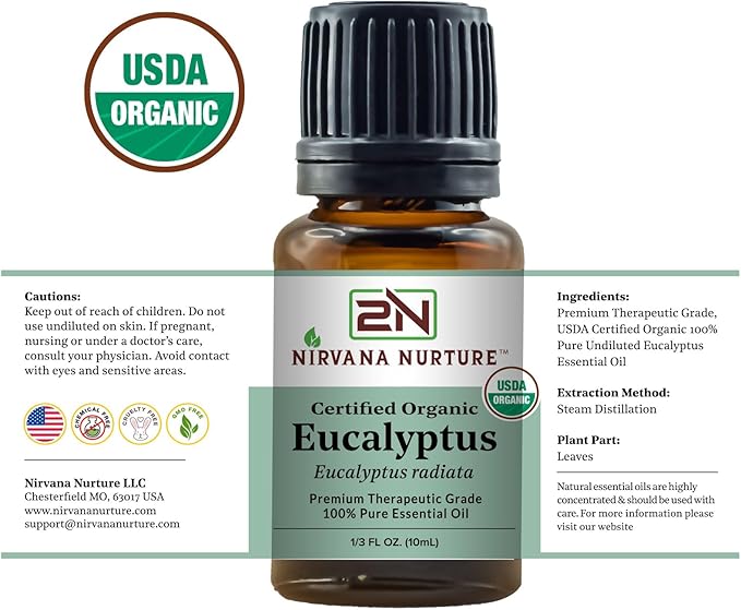 Eucalyptus Essential Oil USDA Certified Organic 100% Pure Premium Therapeutic Grade, Undiluted - Aromatherapy Diffuser for Calm and Relaxation, Skin Care, Hair Care