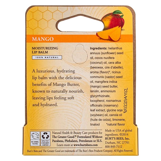 Burt's Bees Moisturizing Lip Balm, Mango 0.15 oz (Pack of 4)