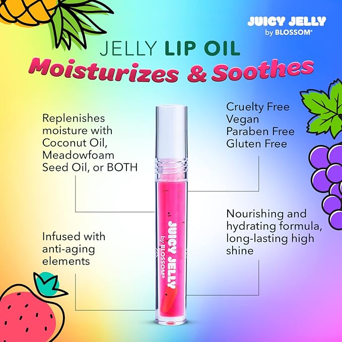 Blossom Scented Roll on Lip Gloss and Juicy Jelly Moisturizing Lip Care Nourishing Lip Oil, 2 Pack, Strawberry