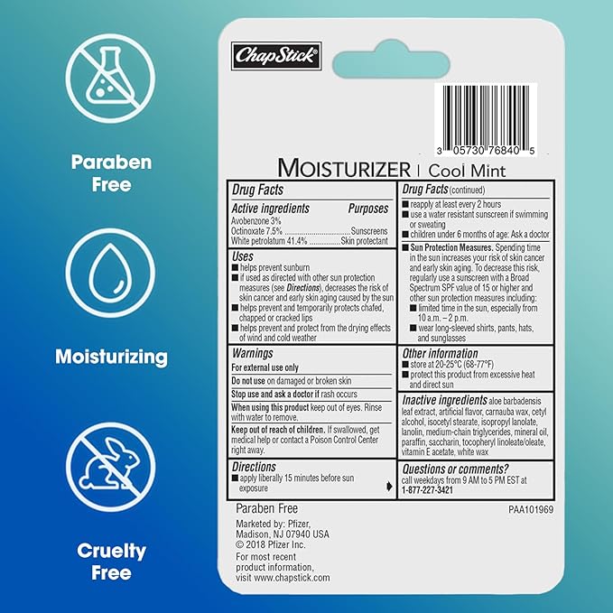 ChapStick Moisturizer 2-in-1 Lipcare SPF 15, Cool Mint, 3-Pack – Sunscreen Lip Balm with Aloe Vera and Vitamin E, 0.15 Ea