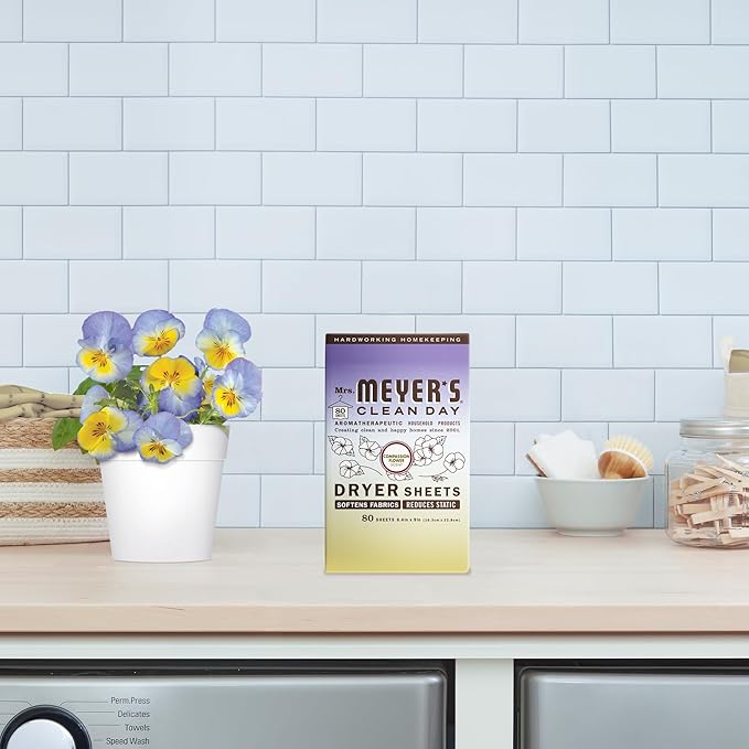 MRS. MEYER'S CLEAN DAY Dryer Sheets, Fabric Softener, Reduces Static, Infused with Essential Oils, Compassion Flower, 80 Count