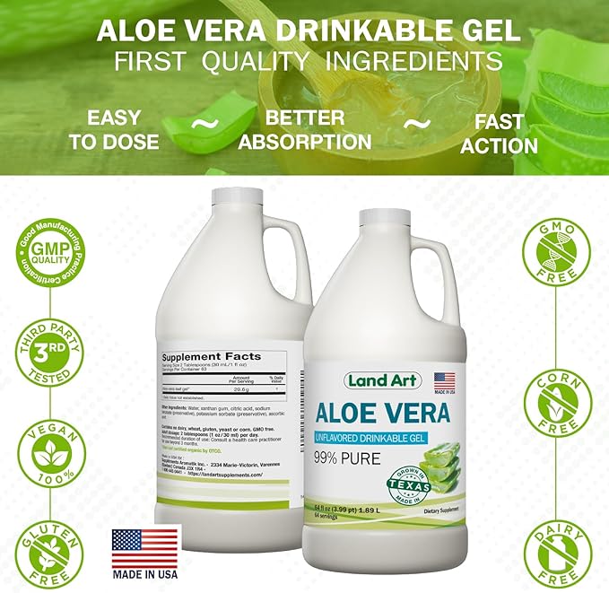 Land Art - Organic Aloe Vera Drinkable Gel for Heartburn & Acid Reflux Relief - 99.7% Pure - Cold-Processed - Improves Digestive Health - Soothing and Natural - Vegan & Gluten-Free - 64 fl oz