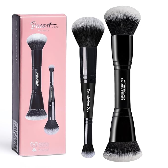 Bueart Design Complexion Duo Brush and Liquid & Bronzer Contour Makeup brushes set with ultra-soft dense hair Double-ended for Foundation Liquid Cream Concealer,Vegan and Cruelty-Free,M18
