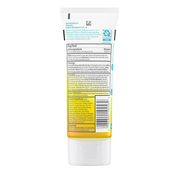 Neutrogena Purescreen+ Mineral Beach Defense Active Performance Body Lotion Sunscreen with Broad Spectrum SPF 30, Quick Drying and Water-Resistant 80 Minutes UVA/UVB Protection, 3.0 fl. oz
