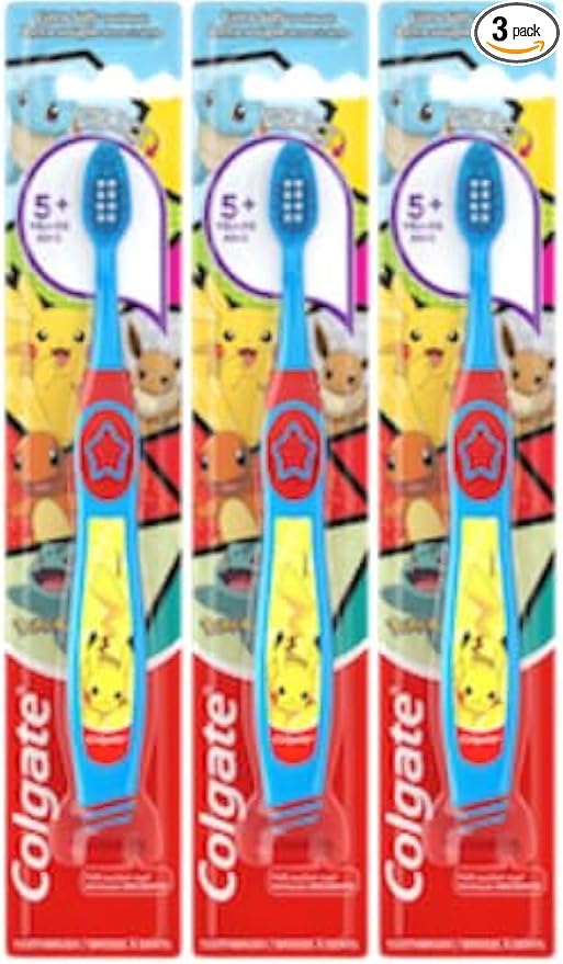 Colgate Pokémon Toothbrush with Suction Cup, for Chiildren 5+ Years Old, Extra Soft (Colors & Characters Vary) - Pack of 3