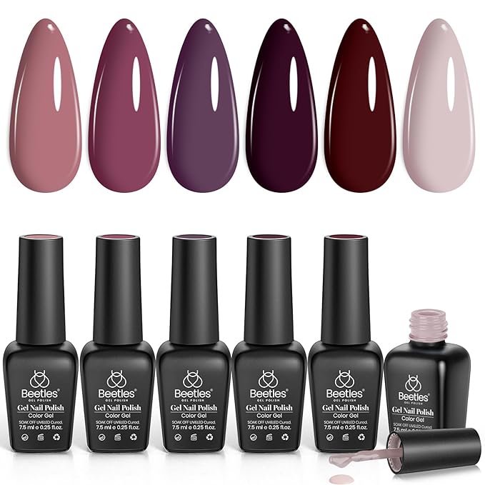 Beetles Purple Gel Nail Polish Set, Fall Burgundy Red Dark Purple Rose Petals Color Soak Off UV Light Cure Gel Polish Nail Art Design Gifts for Women