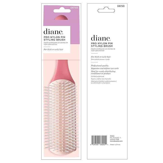 Diane Pro Nylon Pin 9 Row Styling Brush for Detangling, Separating, Shaping, and Defining Wet or Curly Hair, Heat-Resistant, Anti-Static, Pink