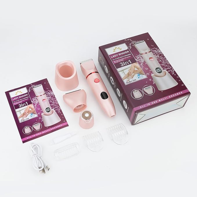 Bikini Trimmer for Women Pubic Hair: 3 in 1 Rechargeable Electric Razors with LED Display, IPX6 Waterproof Shaver for Underarm, Leg, Arm & Body (Pink)