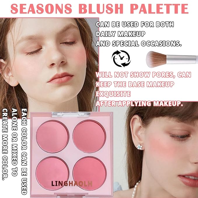 4 Colors Blush Palette for Cheeks,Face Matte Contour Brush 01