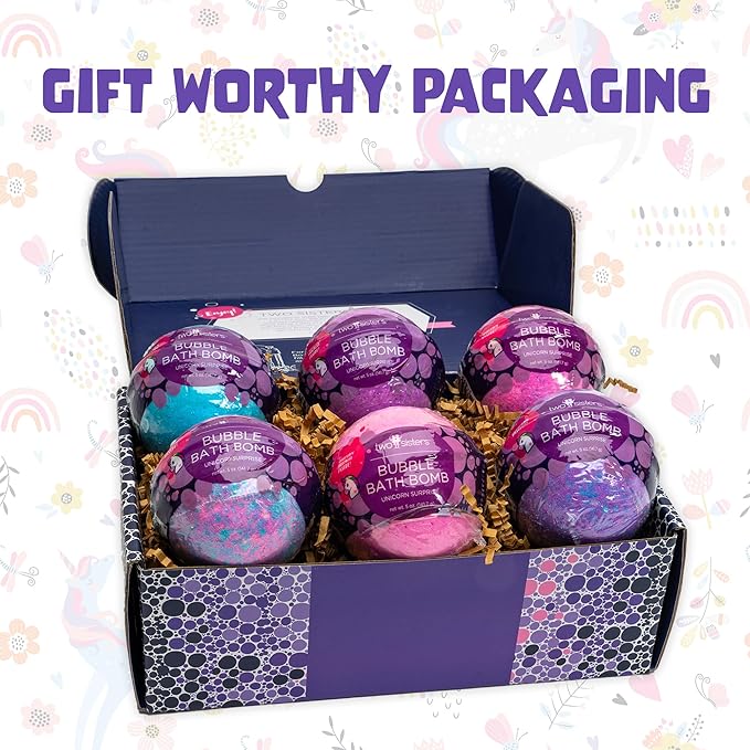 Unicorn Bath Bombs for Girls with Surprise Toys Inside (6 Pack) - Large Bubble Bomb for Kids, Gentle and Safe, Made in USA, Fizzies, Fruity Scents, Won't Stain Tub - Ideal Gift by Two Sisters