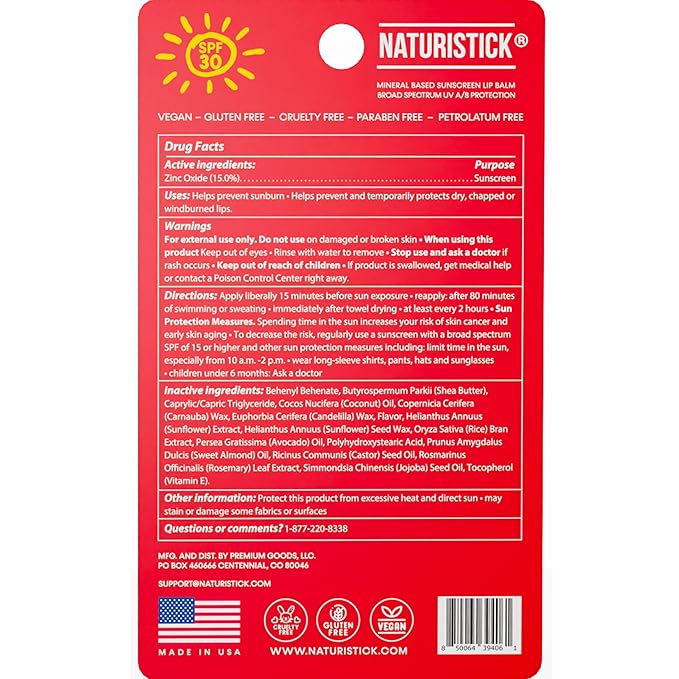 Naturistick SPF 30 Vegan Lip Balm β Mineral Sunscreen with Zinc Oxide | Broad Spectrum UVA/UVB Protection | 100% Natural, Coral-Friendly Formula | Oxybenzone Free | 5-Pack Cherry | Made in USA