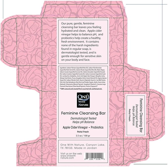 One With Nature Feminine Cleansing Bar, Petal Fresh, Probiotics, Apple Cider Vinegar, Omega Fatty Acids, Oatmeal, Pure, Gentle Cleansing Bar for Sensitive Skin, Face, Body, 3.5 Oz (Pack of 3)