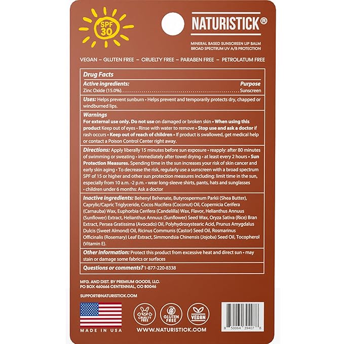 Naturistick SPF 30 Vegan Lip Balm β Mineral Sunscreen with Zinc Oxide | Broad Spectrum UVA/UVB Protection | 100% Natural, Coral-Friendly Formula | Oxybenzone Free | 5-Pack Coconut | Made in USA