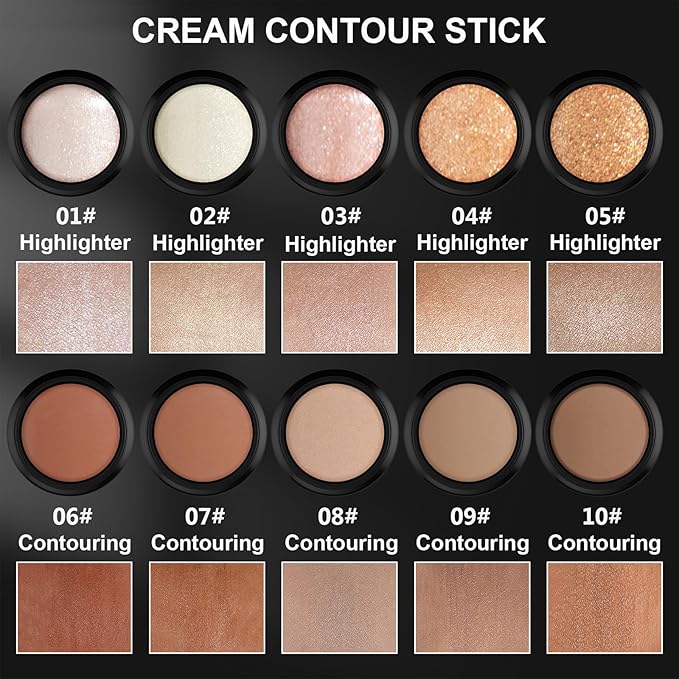 2Pcs Cream Contour Stick Makeup Kit, Cream Highlighter Stick and Bronzer Contour Stick with Longwear Waterproof Formula for Brightening and Trimming the Cheeks, Makeup Brush Include (#04, 07)