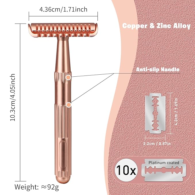 Matte Rose Gold Double Edge Safety Razor, Single Blade Razors for Women and Men, with 10 Stainless Steel Safety Razor Blades, Reusable, Smooth and Close Wet Shaving Kit, Plastic Free