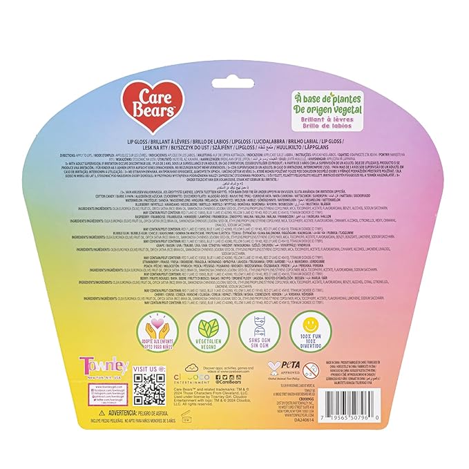 Care Bears 10 Piece Plant Based Lip Gloss, Girls Party Favors, First Makeup Set for Girl, Perfect for Parties, Sleepovers, and Birthday Gifts, Ages 3+, by Townley Girl