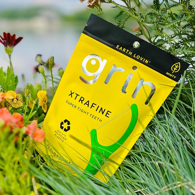 GRIN XtraFine Flosspyx, Floss Picks, 75 Count, Dental Flossers, Minty Flavor, Recycled Plastic, for Super Tight Teeth, Longer Floss Head, Slide Between Teeth, Includes Safe Soft Fold-Back Tooth Pick