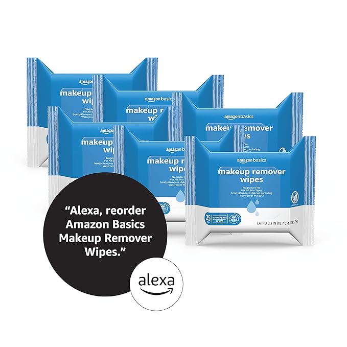 Amazon Basics Make Up Remover Wipes, Fragrance Free, 25 Count, Pack of 6 (Previously Solimo)