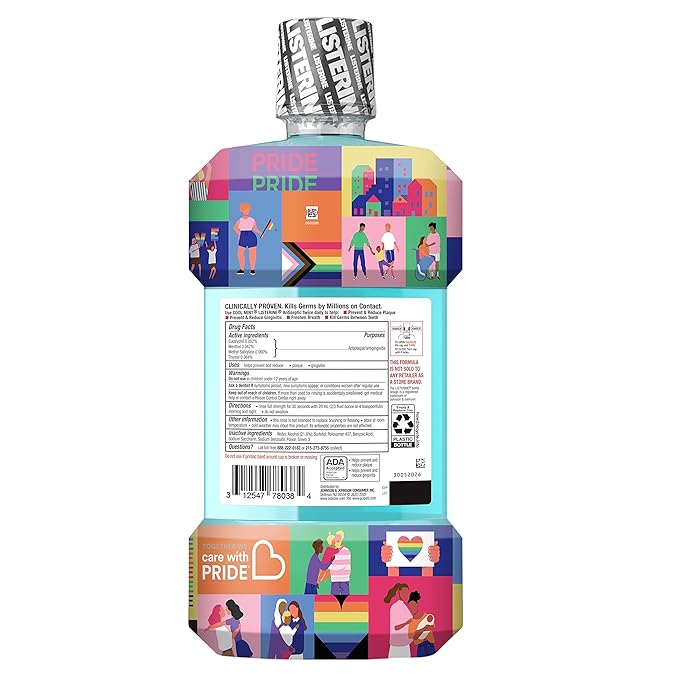 Listerine Cool Mint Antiseptic Mouthwash to Kill 99% of Germs That Cause Bad Breath, Plaque and Gingivitis, Cool Mint Flavor, Special Care with Pride Packaging, 1 L