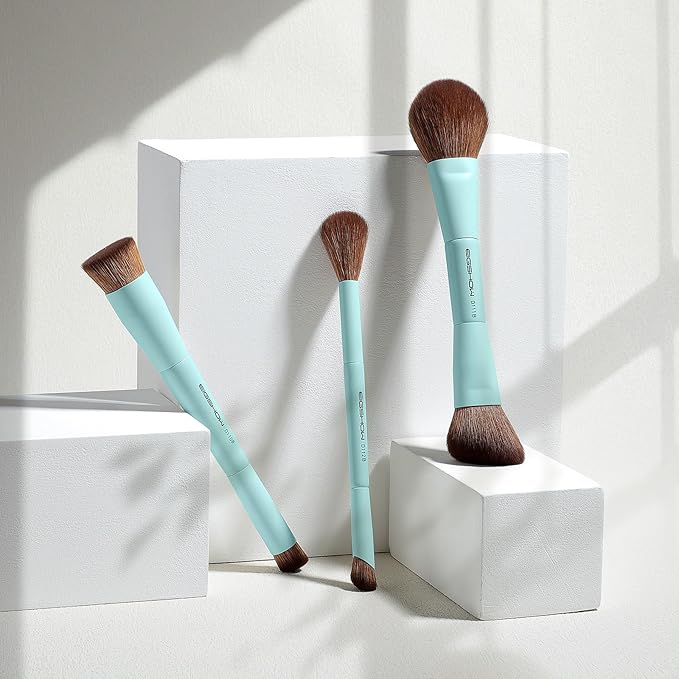 EIGSHOW Makeup Brush Set, 3Pcs Dual Ended Face Makeup Brushes for Foundation Powder Contour Highlight Concealer Nose Shadow, Travel Gift Set (Cyan)
