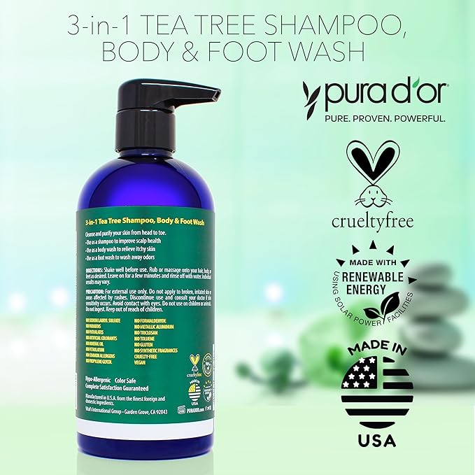 PURA D'OR 3-in-1 Tea Tree Shampoo, Body & Foot Wash, Shampoo (16oz x3 = 48oz) Total Body Care - Foot Odor & Daily Hygiene, Cleansing Routine, Post-Workout Refreshment - Soothes, Invigorates, Nourishes