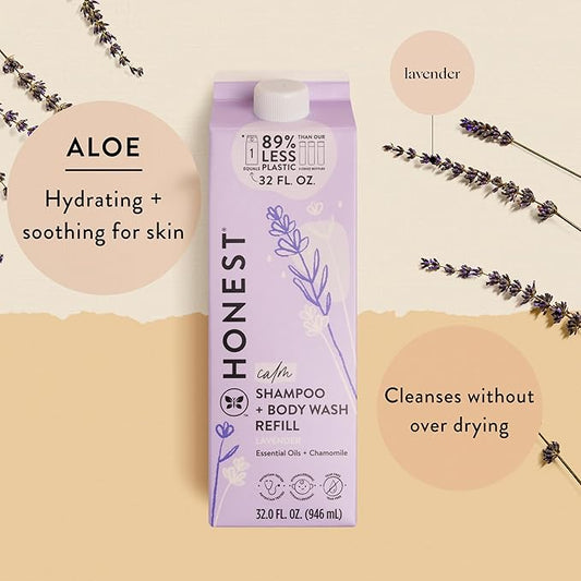 The Honest Company 2-in-1 Cleansing Shampoo + Body Wash Refill Carton | Gentle for Baby | Naturally Derived, Tear-free, Hypoallergenic | Lavender Calm, 32 fl oz