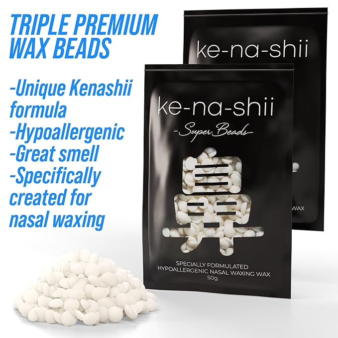 Kenashii Super Nose Waxing Kit | 100g Wax, 24 Applicators | No Microwave Required | Ear Hair Removal | For Men and Women | 12 Balm Wipes, Mustache Guards, Storage Bag