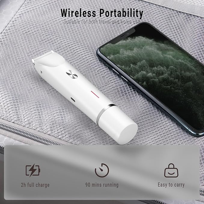 2-in-1 Bikini Trimmer for Women, Bikini Shaver with Dual Heads, Painless Body and Facial Hair Removal, Rechargeable Cordless Electric Razors for Face Chin Pubic Underarm Legs, IPX7 Waterproof, White