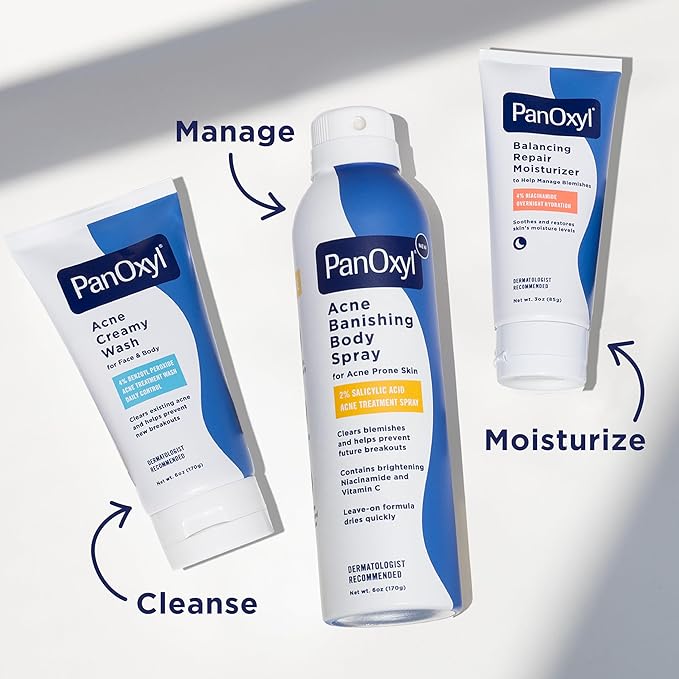 PanOxyl Acne Banishing Body Spray with 2% Salicylic Acid, Pimple Treatment to Clear Stubborn Breakouts, 360-Degree Spray Nozzle, Skin-Brightening Niacinamide, Vitamin C, Witch Hazel, Aloe, 6 Oz
