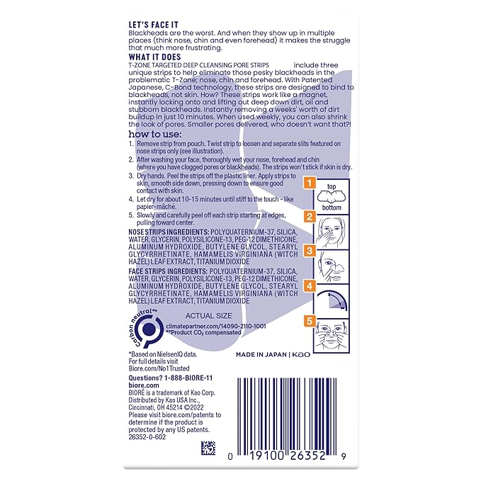 Bioré T-Zone Blackhead Remover Strips, Deep Cleansing Pore Strips, (5 Nose + 5 Face + 5 Chin Strips), Instant Pore Unclogging for the T-Zone Area, 15 Count
