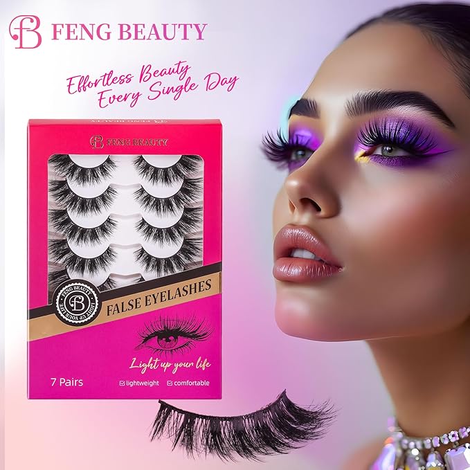 Dramatic Cat Eye Lashes - Fluffy Volume False Eyelashes with Lightweight Comfort, Easy Apply Winged Style (8-16mm), Reusable Glam Lashes for All Eye Shapes, 7 Pairs Full-Strip Lashes