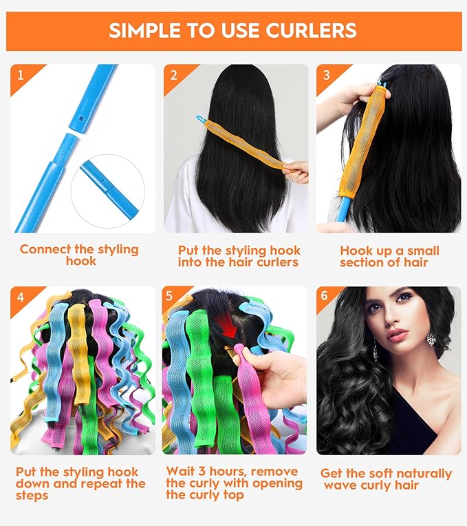 30 Pcs Heatless Hair Curlers Wave Curls Styling Kit with 2 Pcs Styling Hooks, No Heat Hair Curlers Heatless Wave Curlers for Women Girls Long Medium Short Hair (6 Colors, 30 cm/11.81 inch)