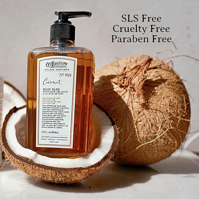 C.O. Bigelow Hand Wash Coconut, Village Perfumer Moisturizing Hand Soap for Bathroom & Kitchen with Aloe Vera and Pro-Vitamin B5, 10 fl oz