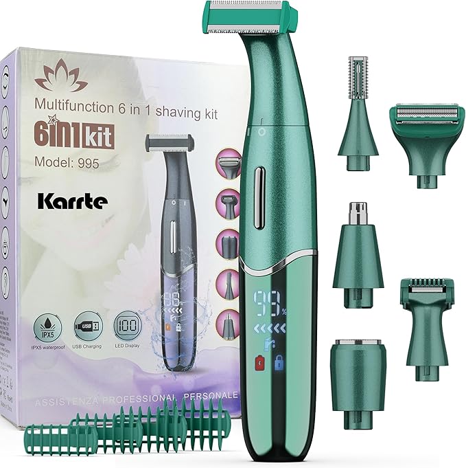 Karrte 6-in-1 Electric Razor for Women's Pubic Hair, Painless Body Shaver and Facial Epilator, Hair Removal for Face, Bikini Trimmer for Women's Private Area Green