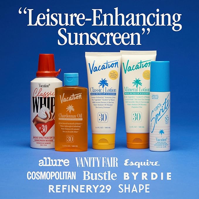 Vacation Classic Sunscreen Lotion SPF 30 & Air Freshener Bundle, Water-Resistant, Lightweight, Transparent on All Skin Tones, Dermatologist-Tested, Vegan, Travel Size, 3.4 Fl. Oz.
