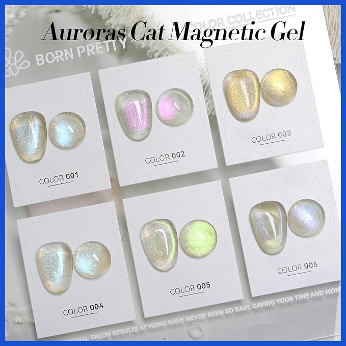 Born Pretty Cat Magnetic Eye Gel Nail Polish Aurora Mermaid Blue Purple Pink Yellow Red Gel Polish Glass Holographic Glitter Gel Nail Polish for Nail Art Manicure Salon DIY 6PCS 7ML