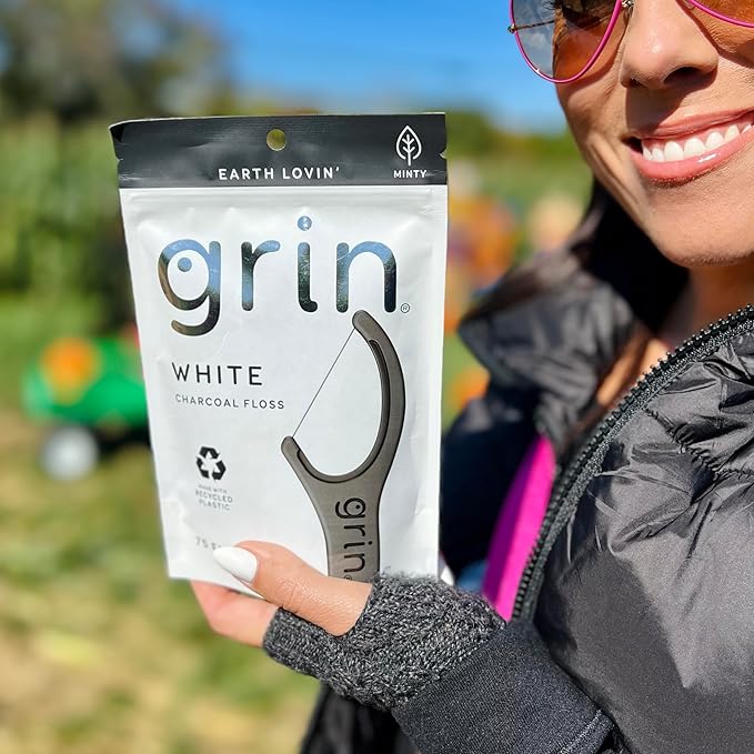 GRIN White Charcoal Infused Flosspyx, 75 Count, Dental Flossers, Minty Flavor, Recycled Plastic, Charcoal Infused Floss Picks, Premium Longer Floss Head, Easy Slide, Includes Soft Fold-Back Tooth Pick
