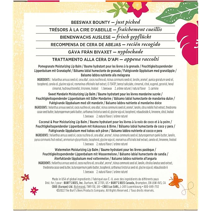 Burt's Bees Gifts, 4 Lip Balm Products, Just Picked Set - Pomegranate, Sweet Mandarin, Coconut Pear & Watermelon (4 Pack)