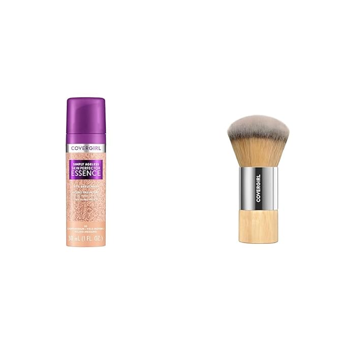 Covergirl Simply Ageless Skin Perfector Essence Foundation 30 Light-Medium, Blending Foundation Brush, Skincare Makeup Hybrid with Bakuchiol