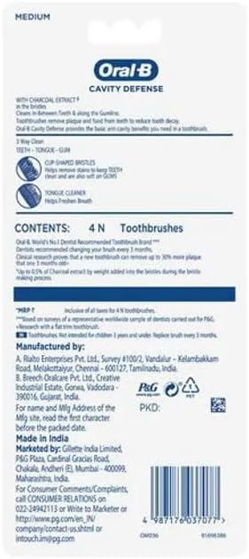 Oral-B Cavity Defence Deep Clean + Whitening Toothbrush with Charcoal Extract Bristles, Tongue Cleaner and Hygienic Head Caps, Medium, Pack of 4