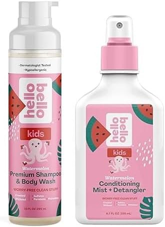 Hello Bello Watermelon Shampoo and Body Wash, 10 FL Oz and Conditioning Mist and Detangler, Hypoallergenic and Non-Greasy Leave-in Conditioning Spray, Vegan and Cruelty-Free, 6.7oz
