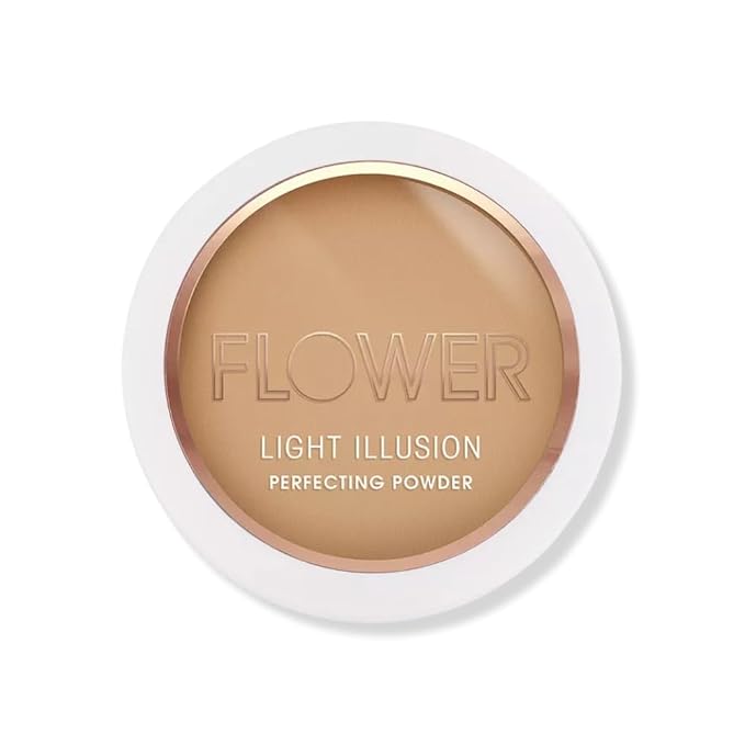 FLOWER Beauty By Drew Barrymore Light Illusion Perfecting Powder - Powder Foundation + Setting Powder for Makeup - Medium Buildable Coverage - Natural Glow + Flawless Finish - Mirror + Sponge Include d (Sable)