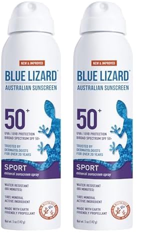 BLUE LIZARD Sport Mineral Sunscreen Spray SPF 50+, Dermatologist-Recommended Brand, Broad-Spectrum UVA/UVB Protection, Water-Resistant, Zinc Oxide Formula, Vegan, 5 fl oz (Pack of 2)