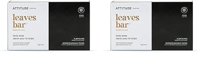 ATTITUDE Bath and Shower Body Soap Bar, EWG Verified, Plastic-free, Plant and Mineral-Based Ingredients, Vegan and Cruelty-free Personal Care Products, Patchouli and Black Pepper, 4 Ounces (Pack of 2)