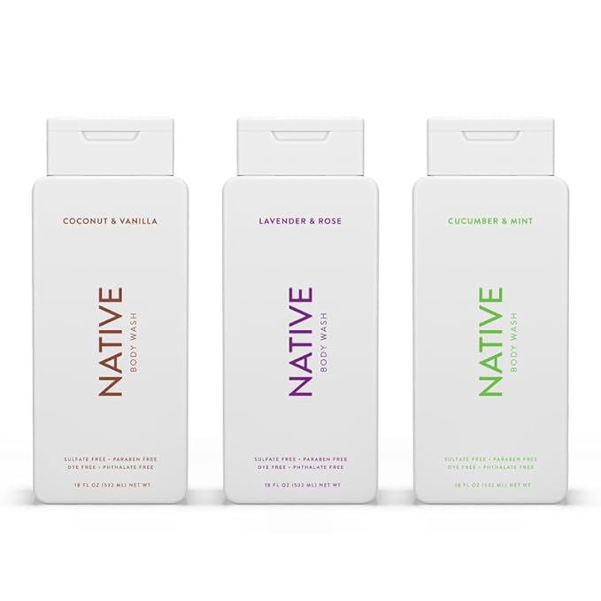 Native Body Wash Contains Naturally Derived Ingredients | for Women & Men, Sulfate, Paraben, & Dye Free Leaving Skin Soft & Hydrated |Coconut & Vanilla, Lavender Rose, & Cucumber Mint, 18 oz Pack of 3