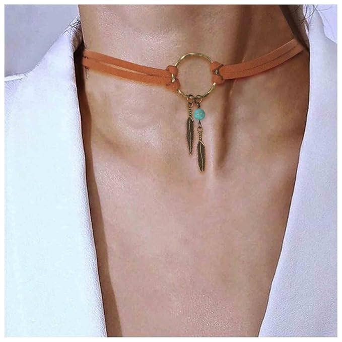 Boho Layered Suede Choker Necklace Tiny Leaf Pendant Necklace Chain Brown O Ring Leather Choker Necklace Turquoise Bead Necklace Chain Jewelry for Women and Girls