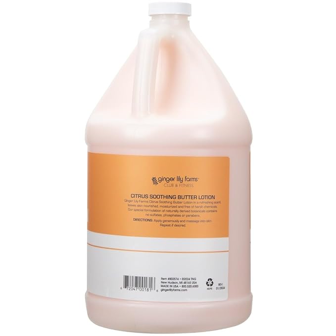 Ginger Lily Farms Club & Fitness Soothing Butter Lotion for Dry Skin, 100% Vegan & Cruelty-Free, Citrus Scent, 1 Gallon (128 fl oz) Refill
