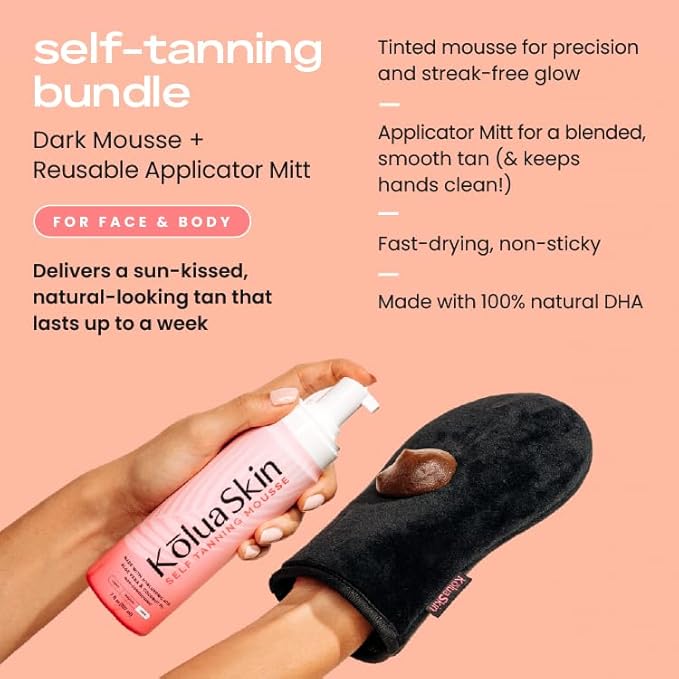 KoluaSkin by Koluawax Self Tanner Mousse (Dark) + Applicator Mitt - Natural-Looking Sunless Body Fake Tan - Dries Quickly w/No Streaks, Hydrates Skin - Dermatologist-tested for Sensitive Skin, 7oz